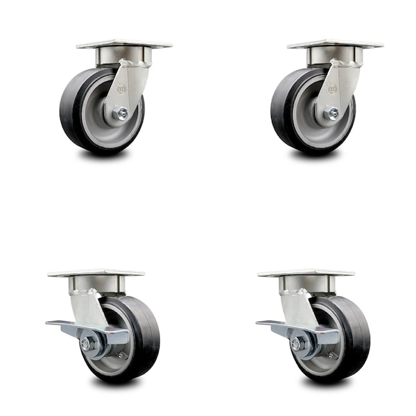 5 Inch Kingpinless Rubber on Aluminum Wheel Swivel Caster Set with 2 Brakes SCC